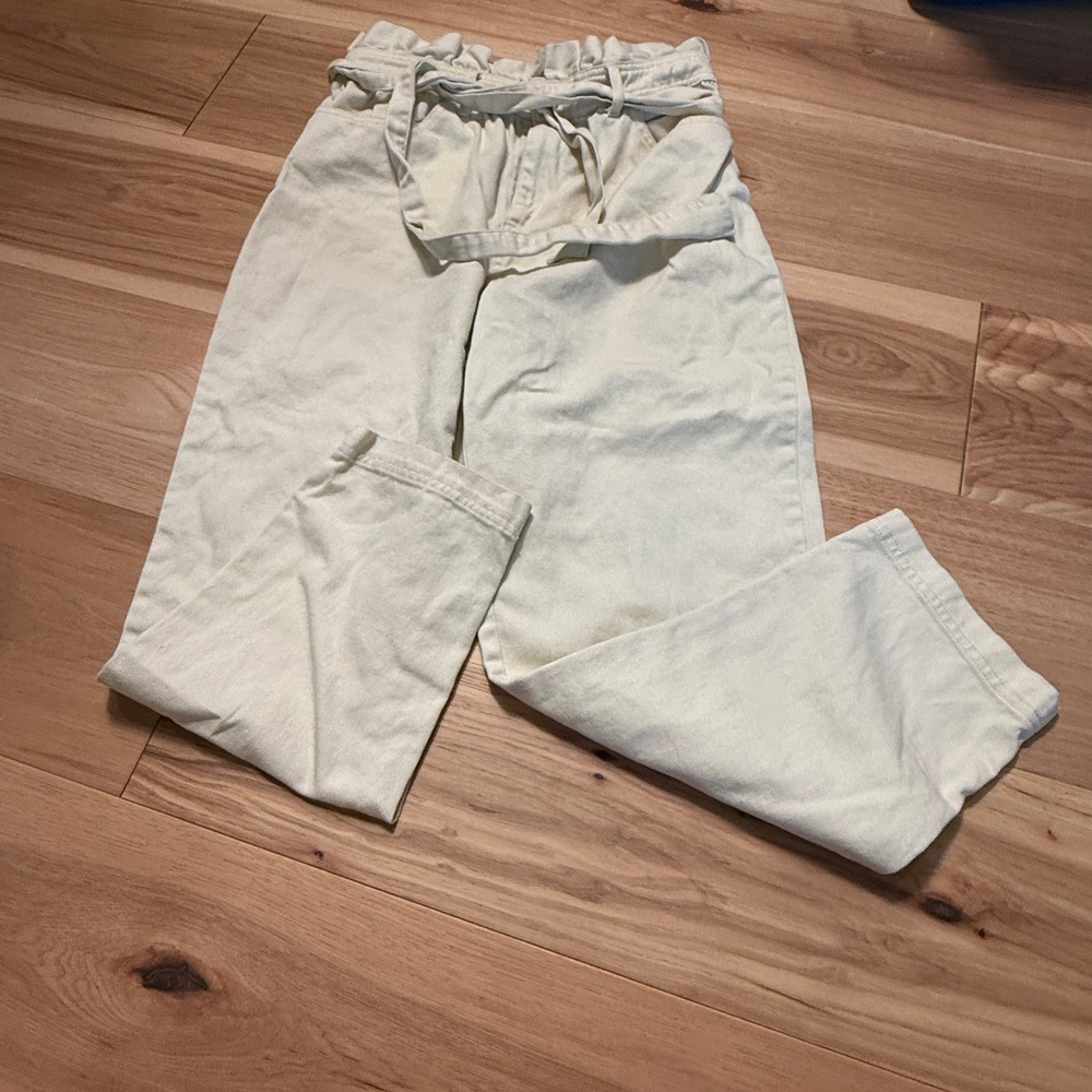 Who What Wear Paperbag Pants Wms SZ 8 Cream Cotton Cropped Tie Belt High-Rise